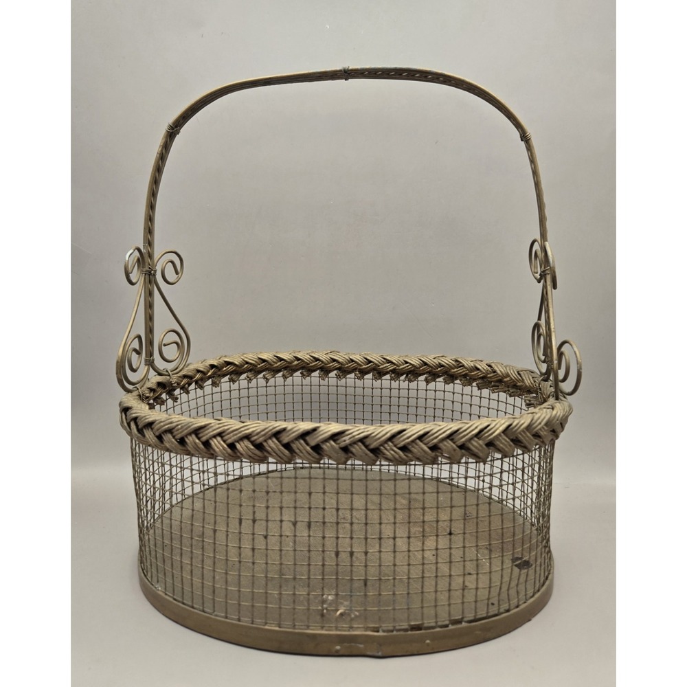 Vintage Gold Toned Oval Mesh Metal Basket Woven Wicker Rim B#33
